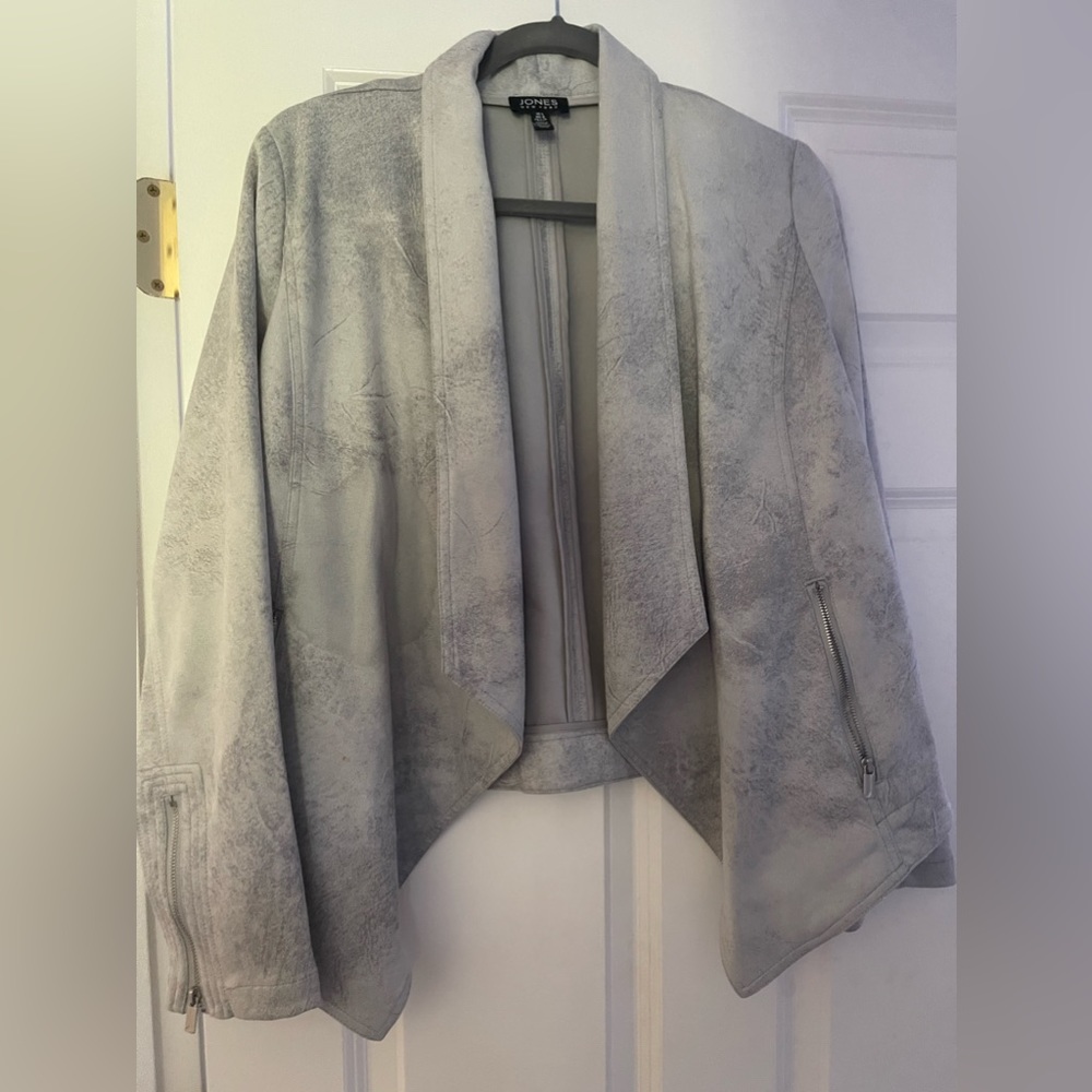 Jones New York slate gray open front draped moto style jacket Large